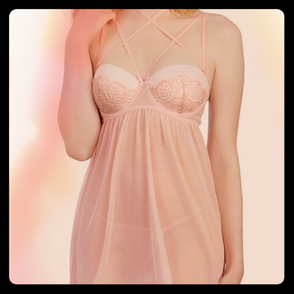 Dreamgirl pink babydoll chemise mesh and lace set